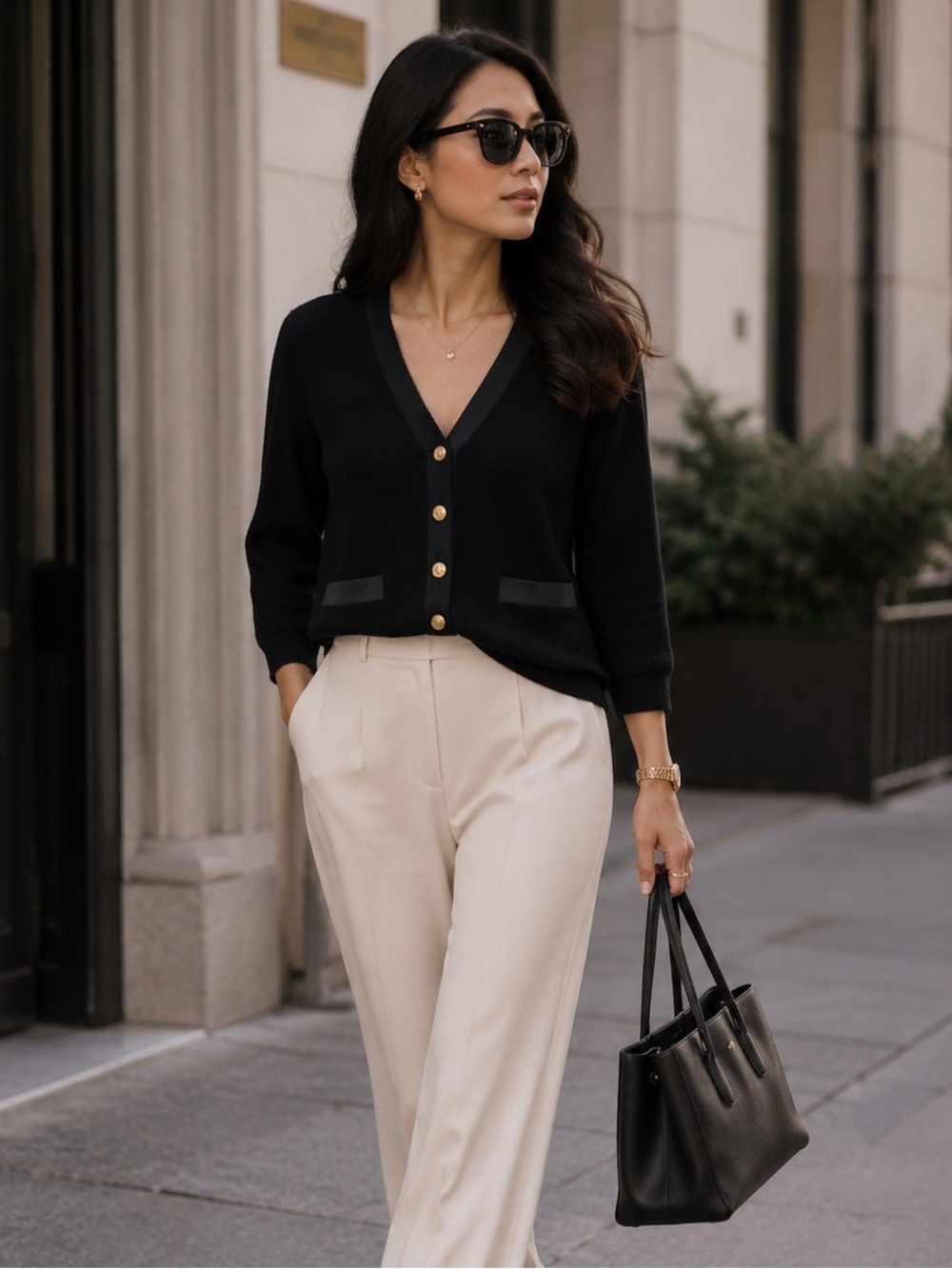 St. John Black Button Cardigan Sweater Minimalist Quiet Luxury Preppy Chic